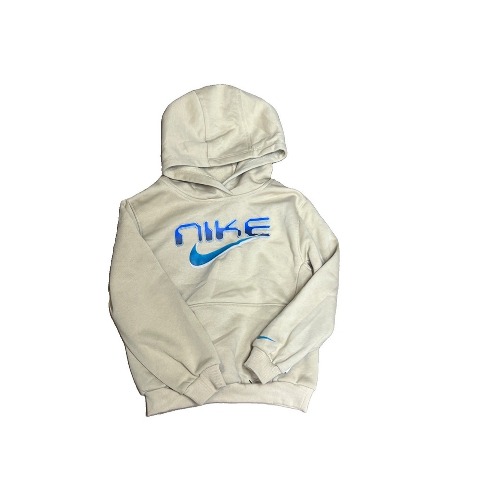Nike Khaki Blue Logo Boys Youth Size Large 6-7 Swoosh Pullover Hoodie New